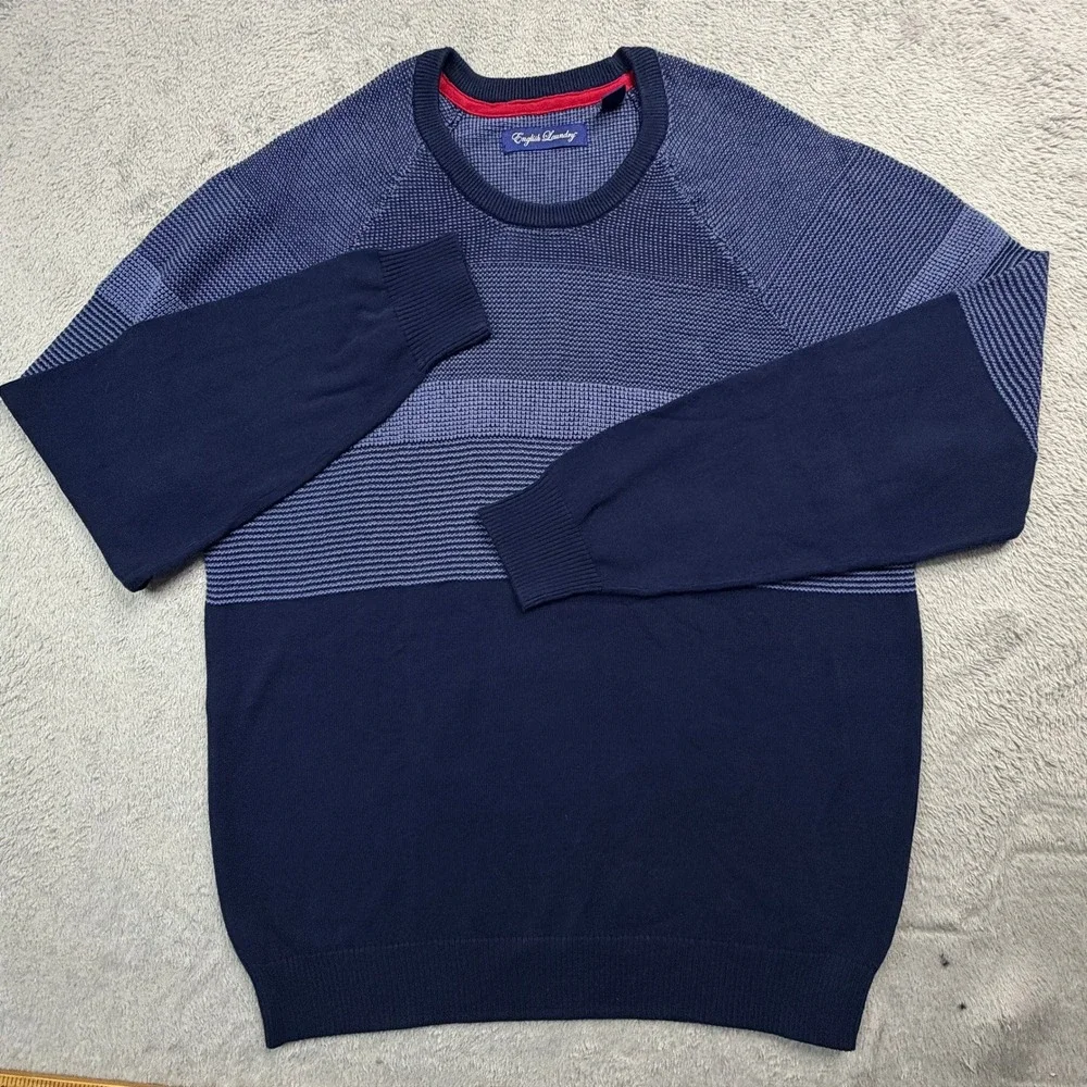 English Laundry Mens Navy Blue Colorblock Textured Cotton Crewneck Sweater Med.